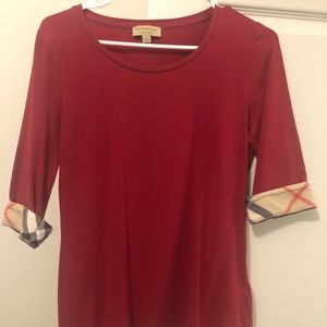 Burberry Red 3/4 Sleeve Fitted Tee w/ Cuff Details